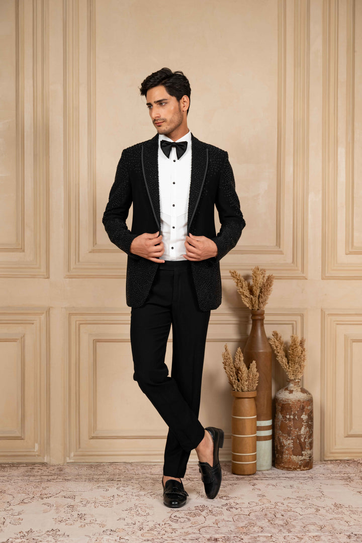 Black Peak Lapel Tuxedo with Pearl Work