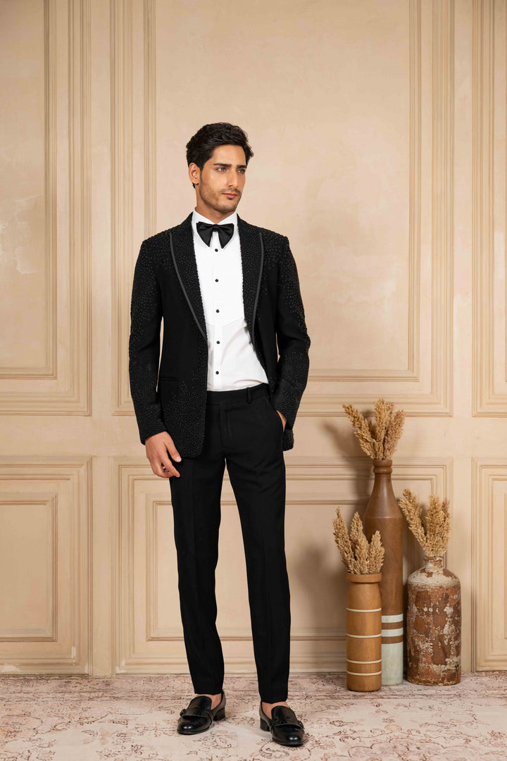 Black Peak Lapel Tuxedo with Pearl Work
