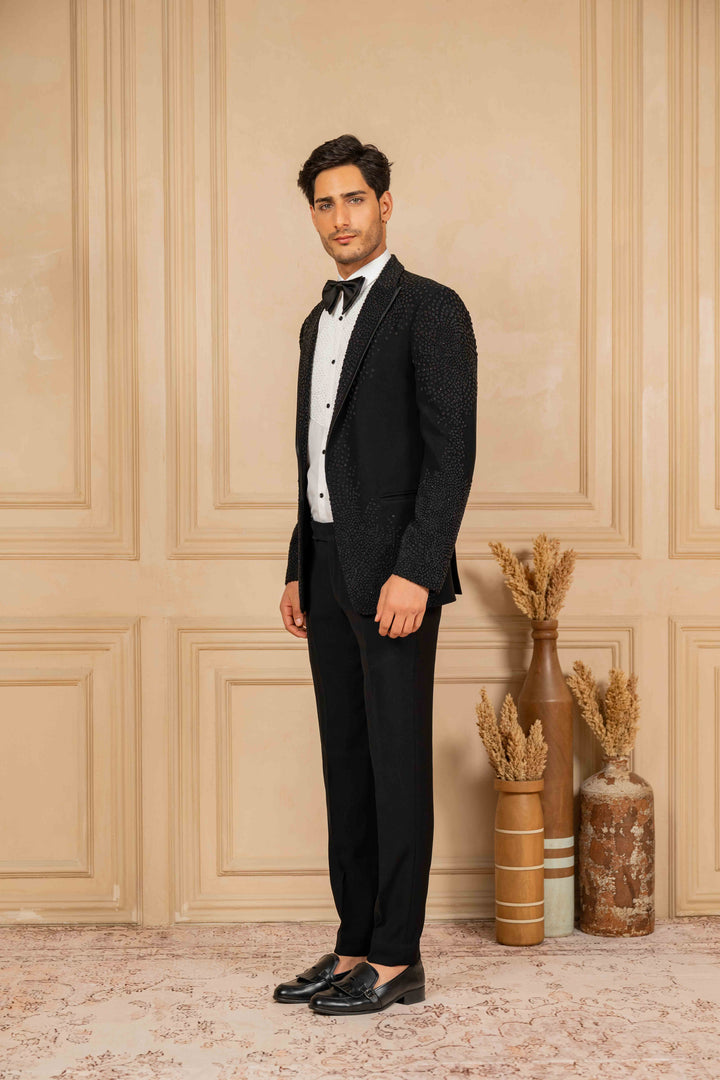 Black Peak Lapel Tuxedo with Pearl Work