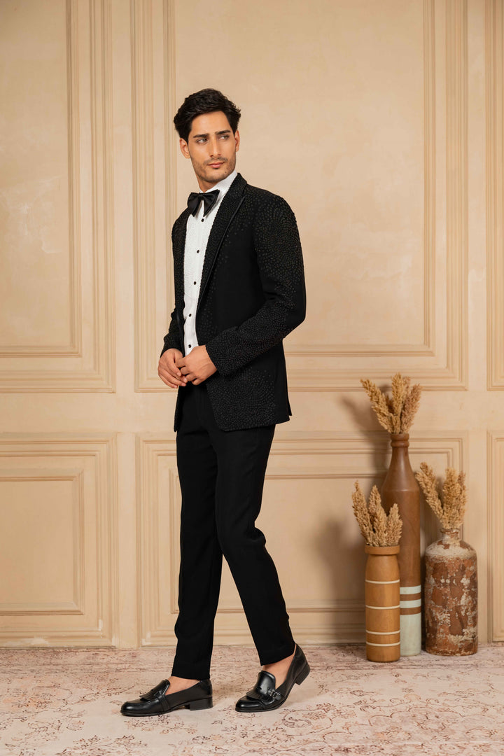 Black Peak Lapel Tuxedo with Pearl Work