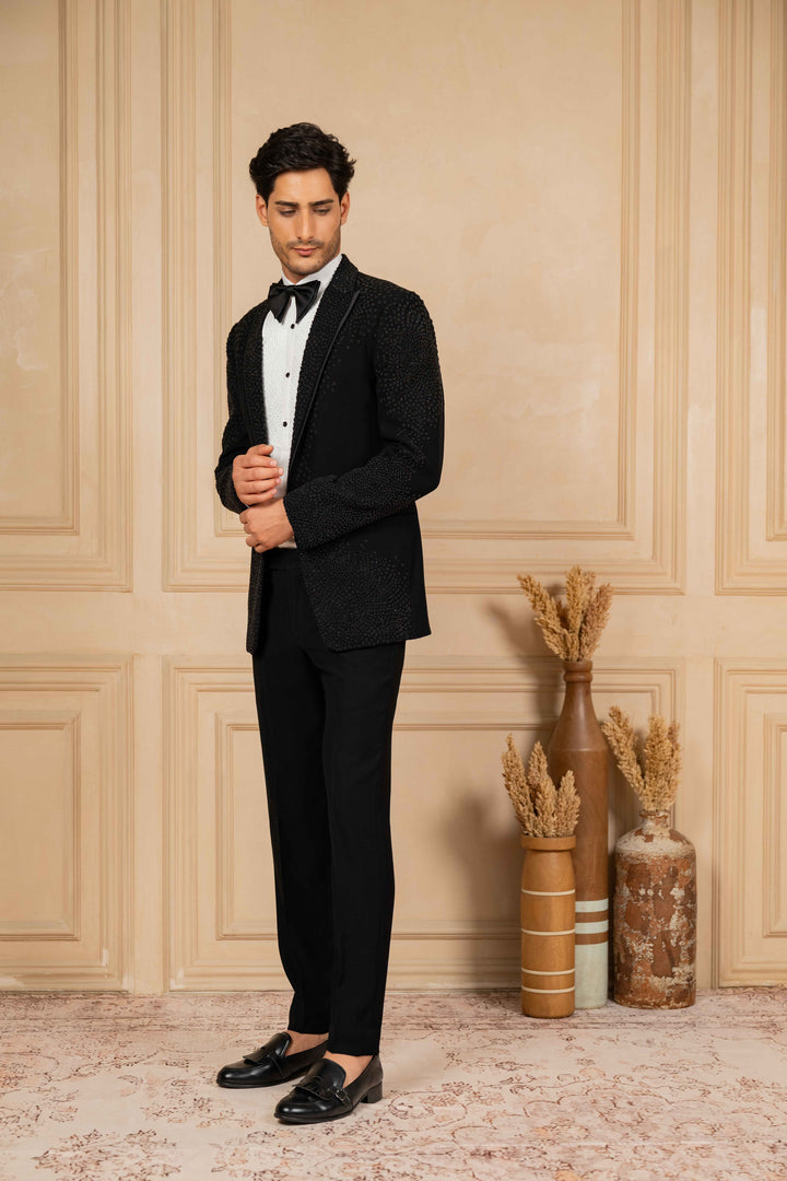 Black Peak Lapel Tuxedo with Pearl Work