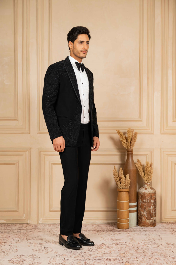 Black Peak Lapel Tuxedo with Pearl Work