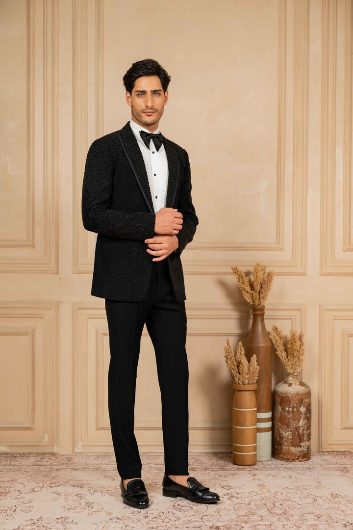 Black Peak Lapel Tuxedo with Pearl Work