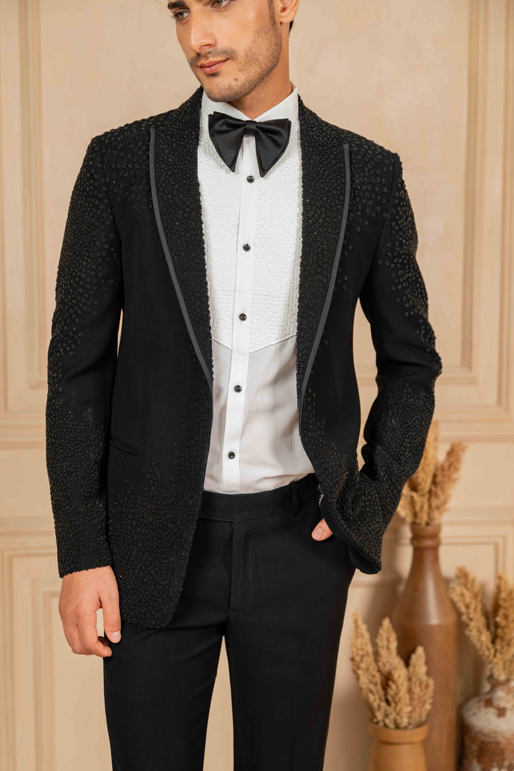 Black Peak Lapel Tuxedo with Pearl Work