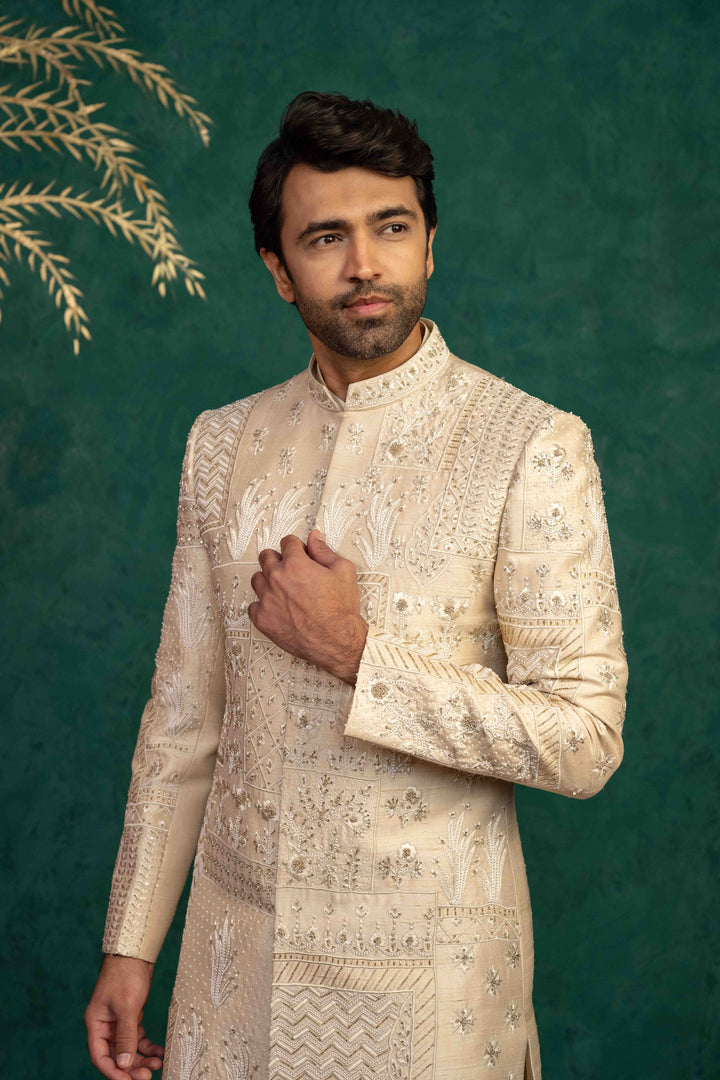 Beige Silk  Sherwani