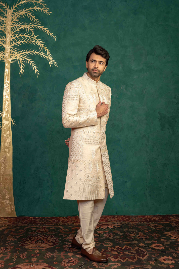 Beige Silk  Sherwani