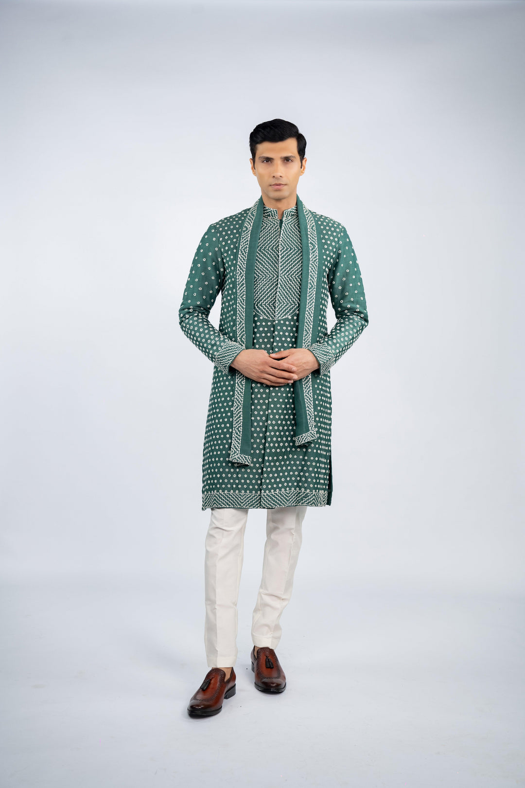 Green Front Open French Knot Kurta – Image 1