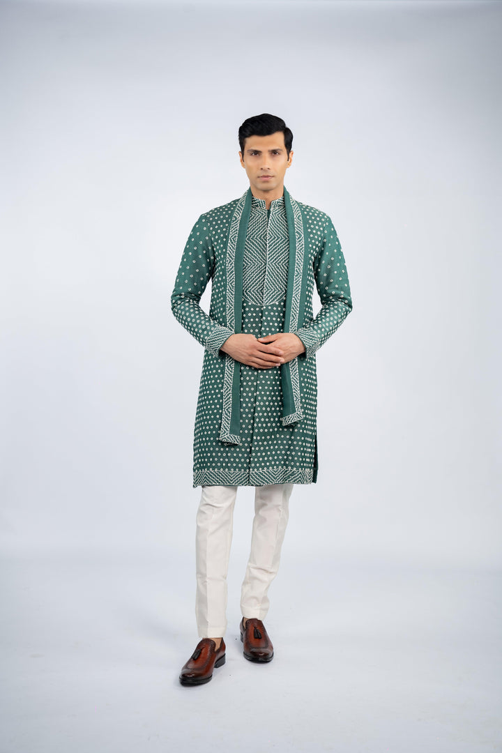 Green Front Open French Knot Kurta