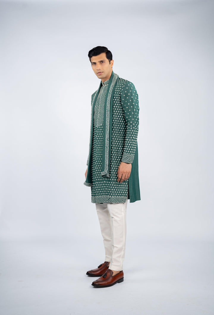 Green Front Open French Knot Kurta
