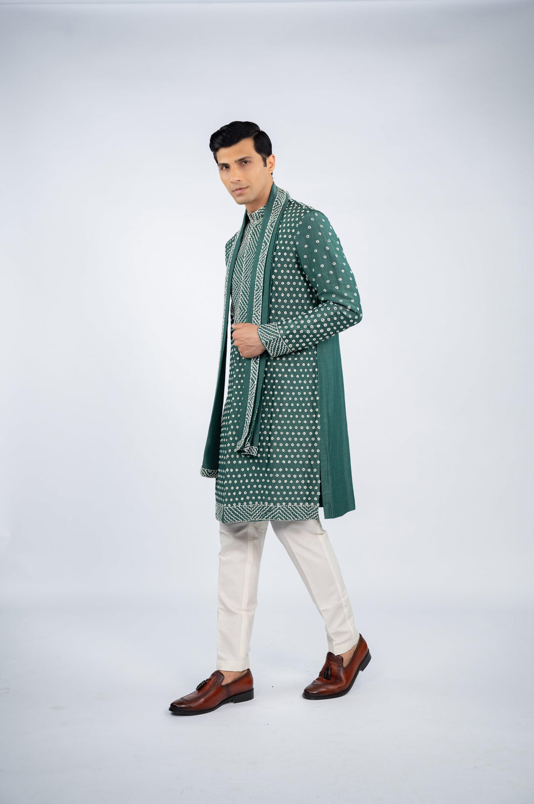 Green Front Open French Knot Kurta – Image 6