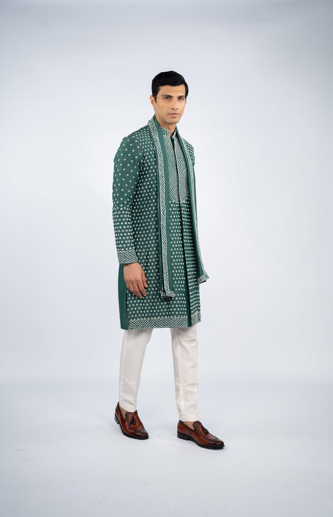 Green Front Open French Knot Kurta – Image 7