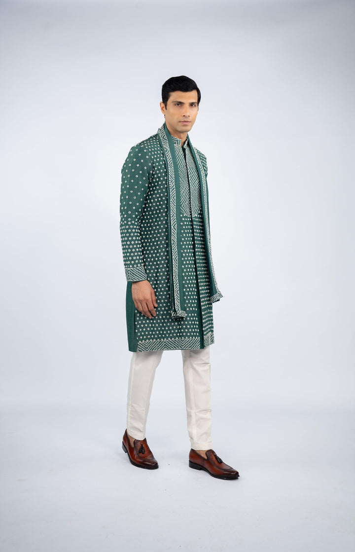 Green Front Open French Knot Kurta
