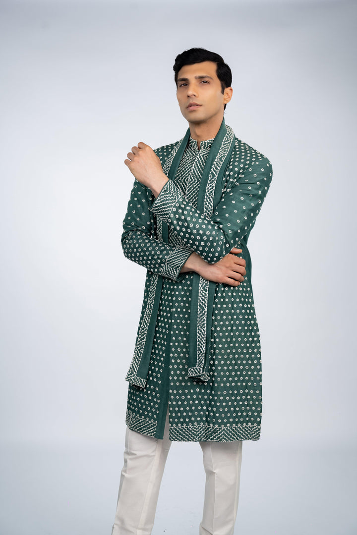 Green Front Open French Knot Kurta