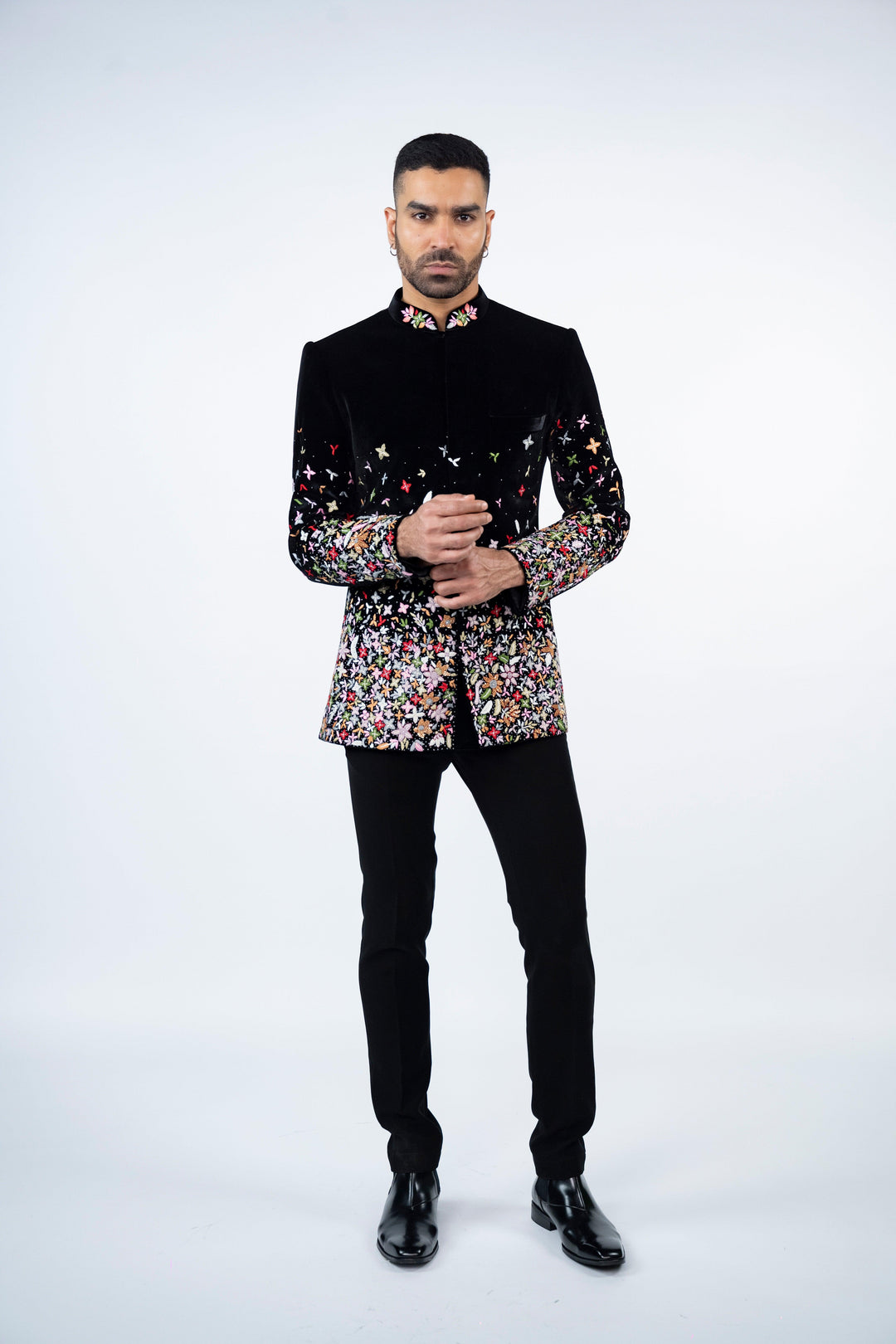 Black Velvet Jodhpuri with Floral Resham Work – Image 1