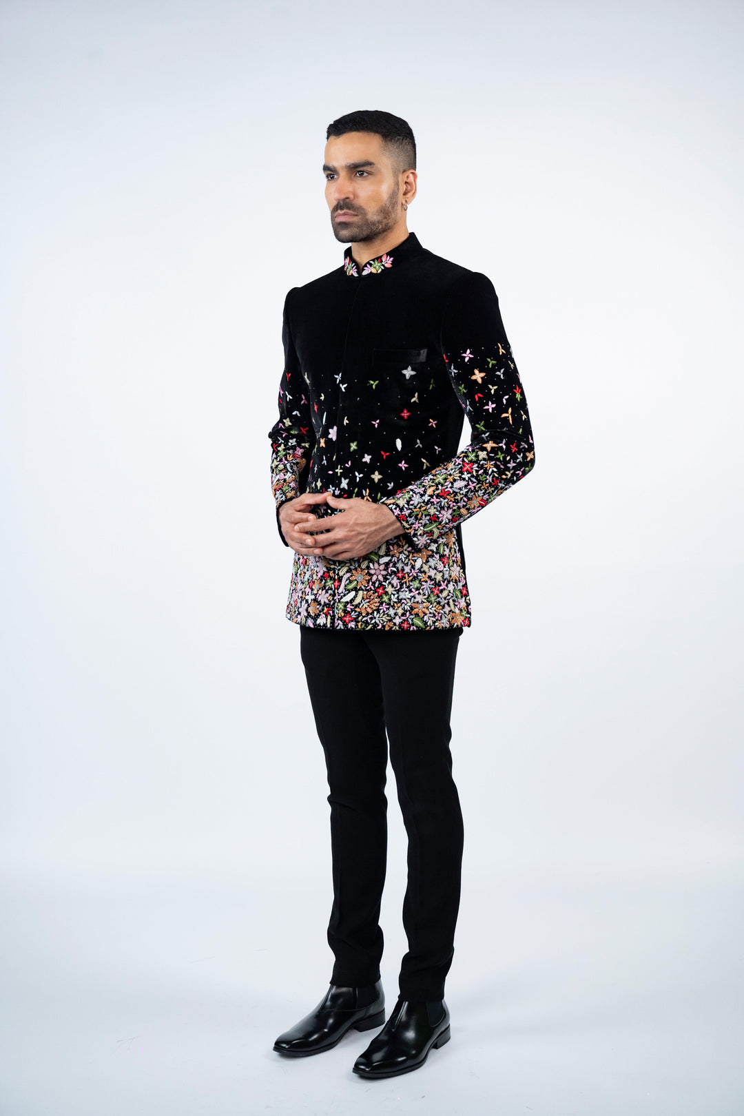 Black Velvet Jodhpuri with Floral Resham Work – Image 3