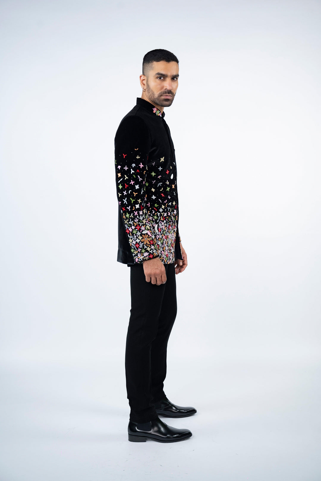 Black Velvet Jodhpuri with Floral Resham Work – Image 5