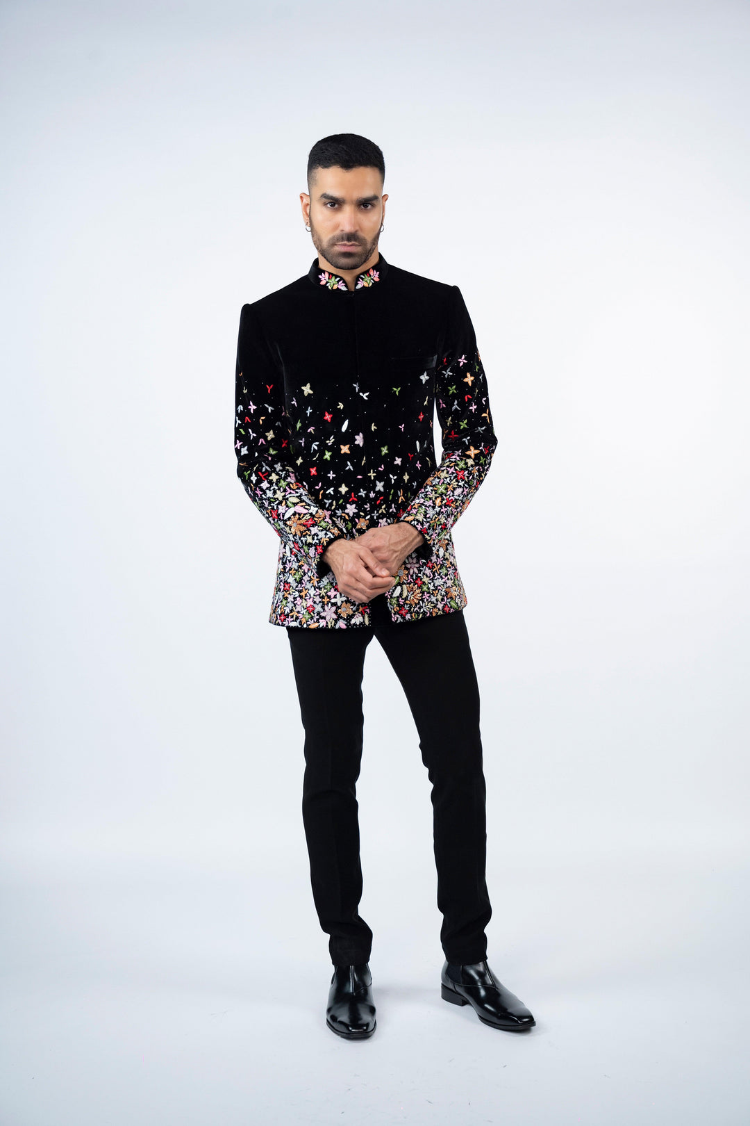 Black Velvet Jodhpuri with Floral Resham Work – Image 6