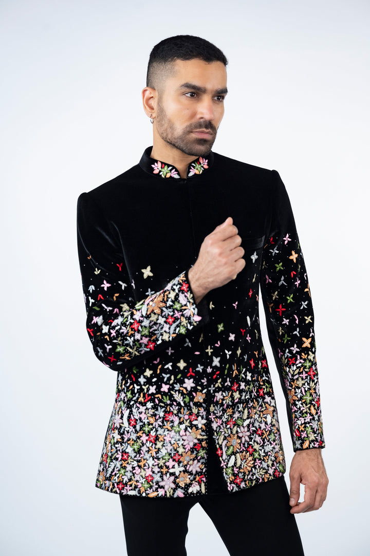 Black Velvet Jodhpuri with Floral Resham Work