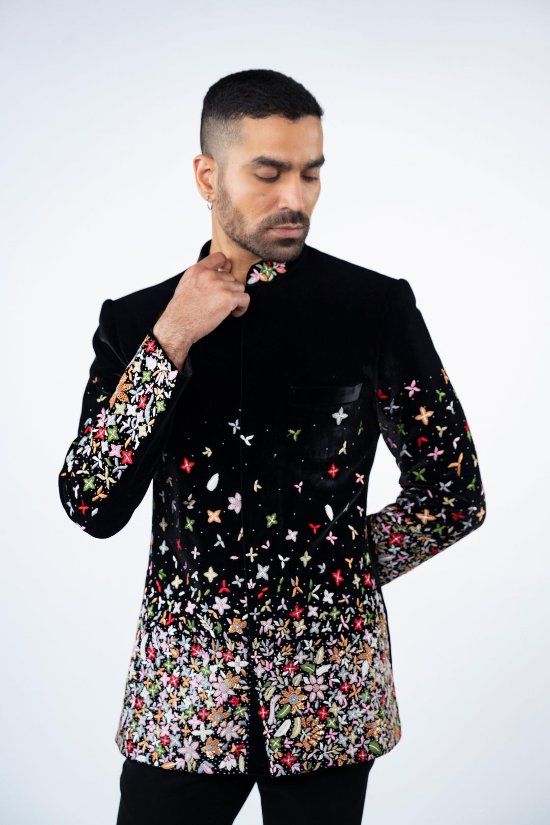 Black Velvet Jodhpuri with Floral Resham Work – Image 4