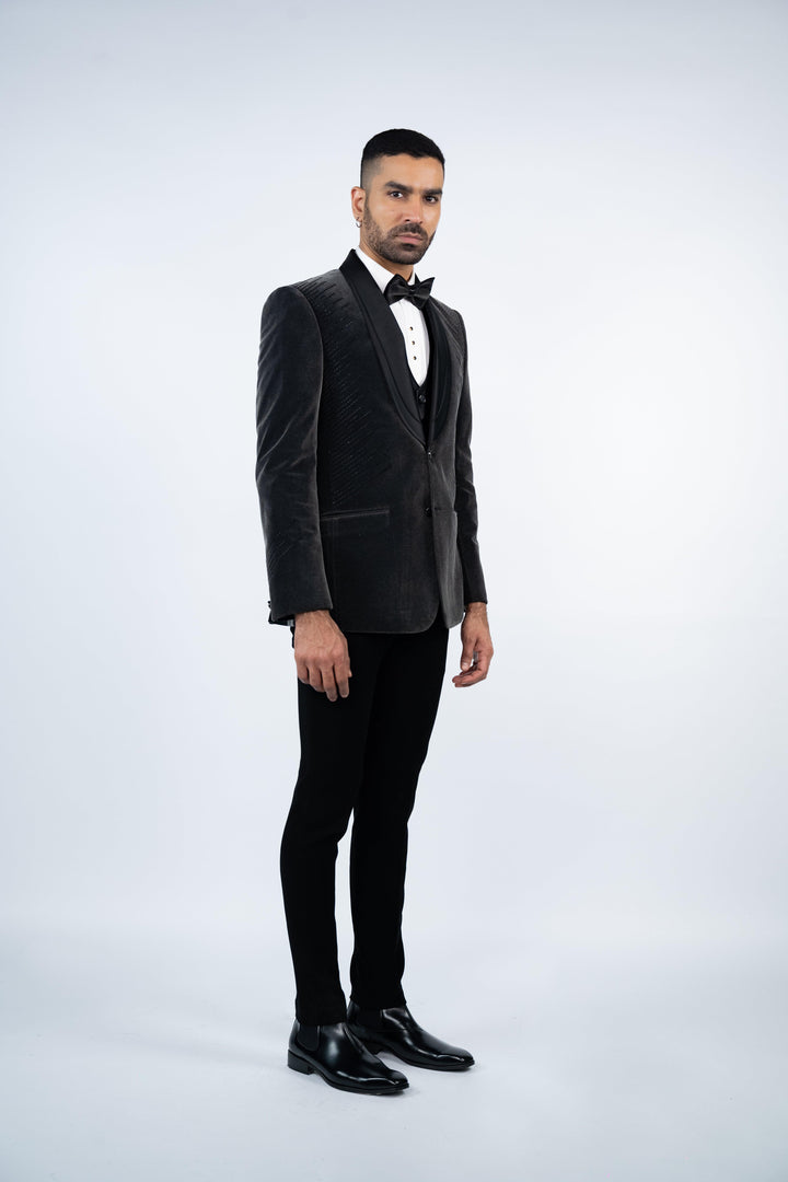 Grey Velvet Embroidered Tuxedo