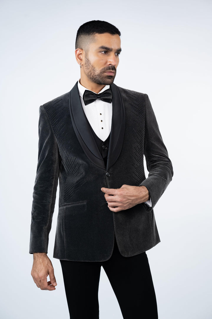 Grey Velvet Embroidered Tuxedo