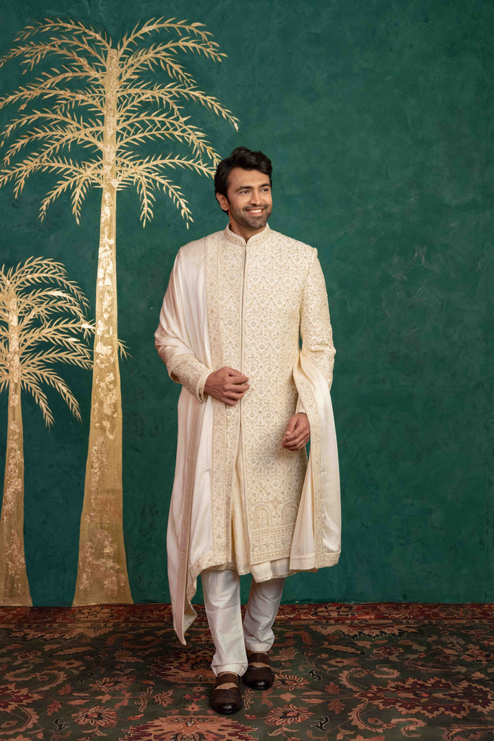 Floral Foliage Sherwani with Zardosi & Moti