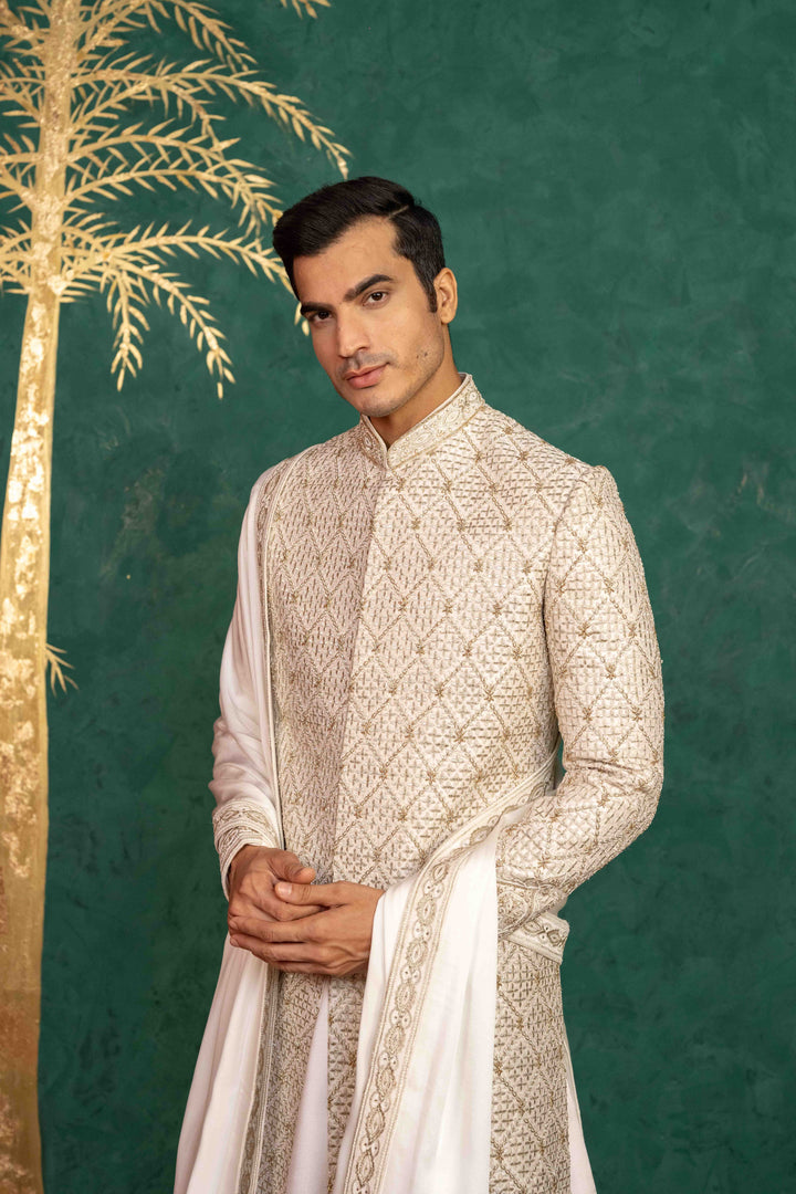 Ivory Raw Silk Sherwani