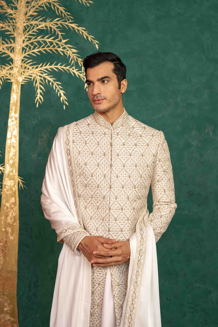 Ivory Raw Silk Sherwani