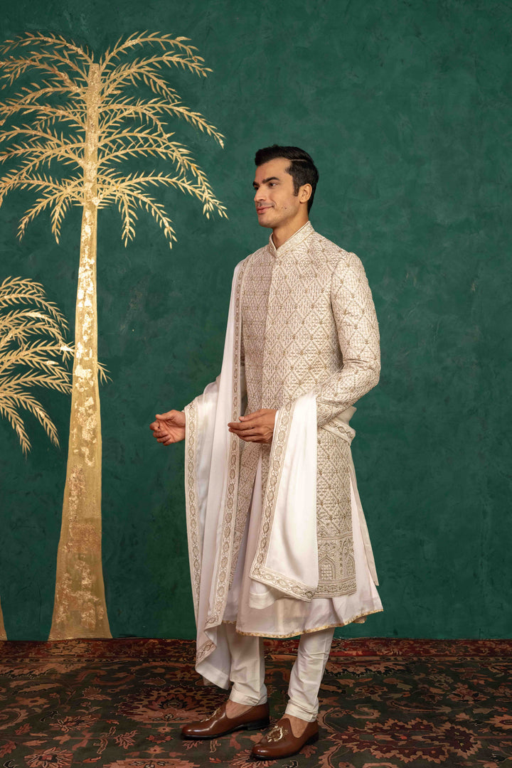 Ivory Raw Silk Sherwani