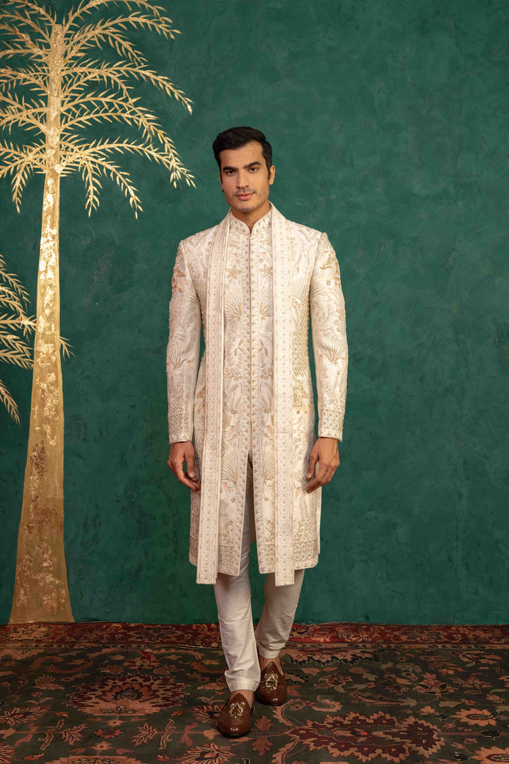 Ivory Raw Silk  Sherwani