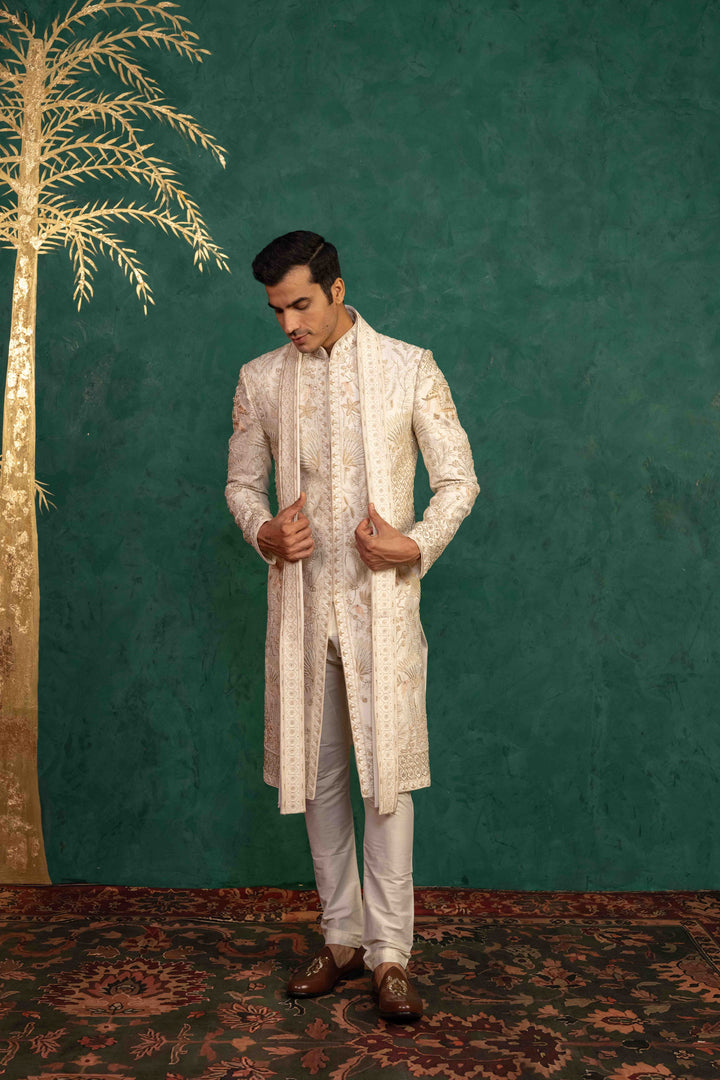 Ivory Raw Silk  Sherwani