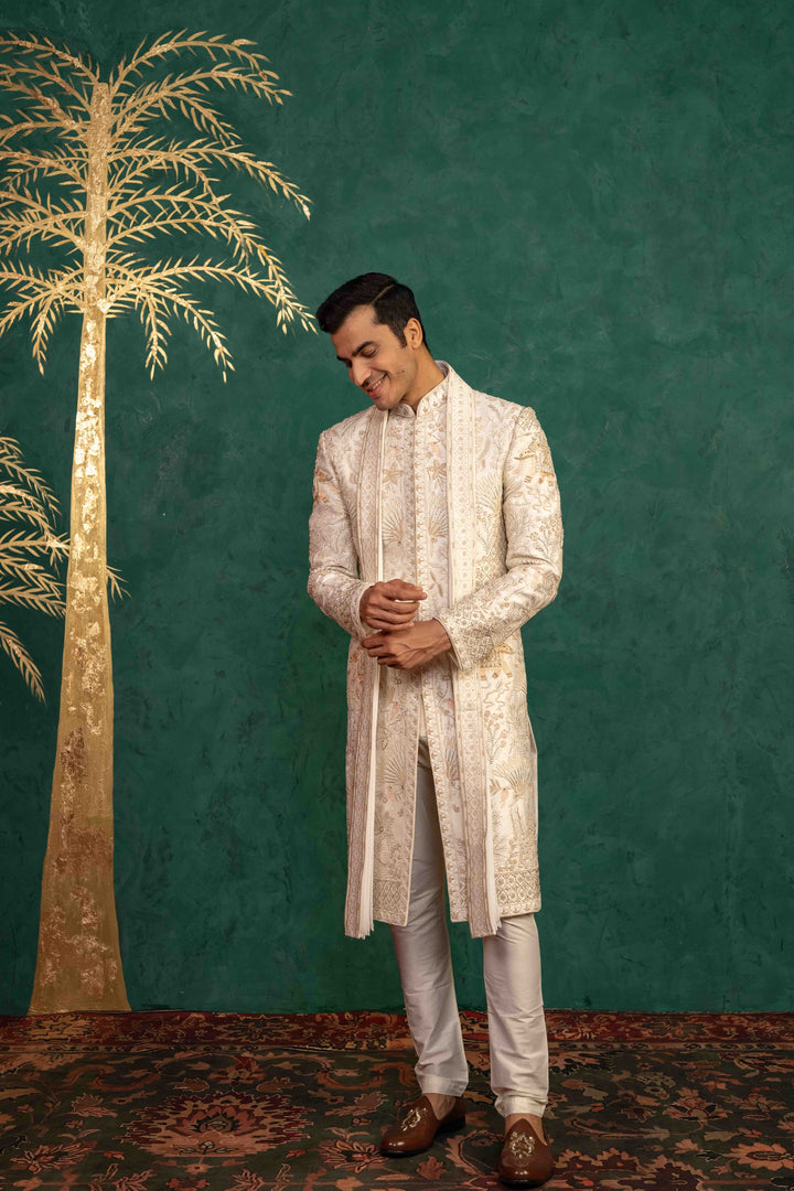 Ivory Raw Silk  Sherwani