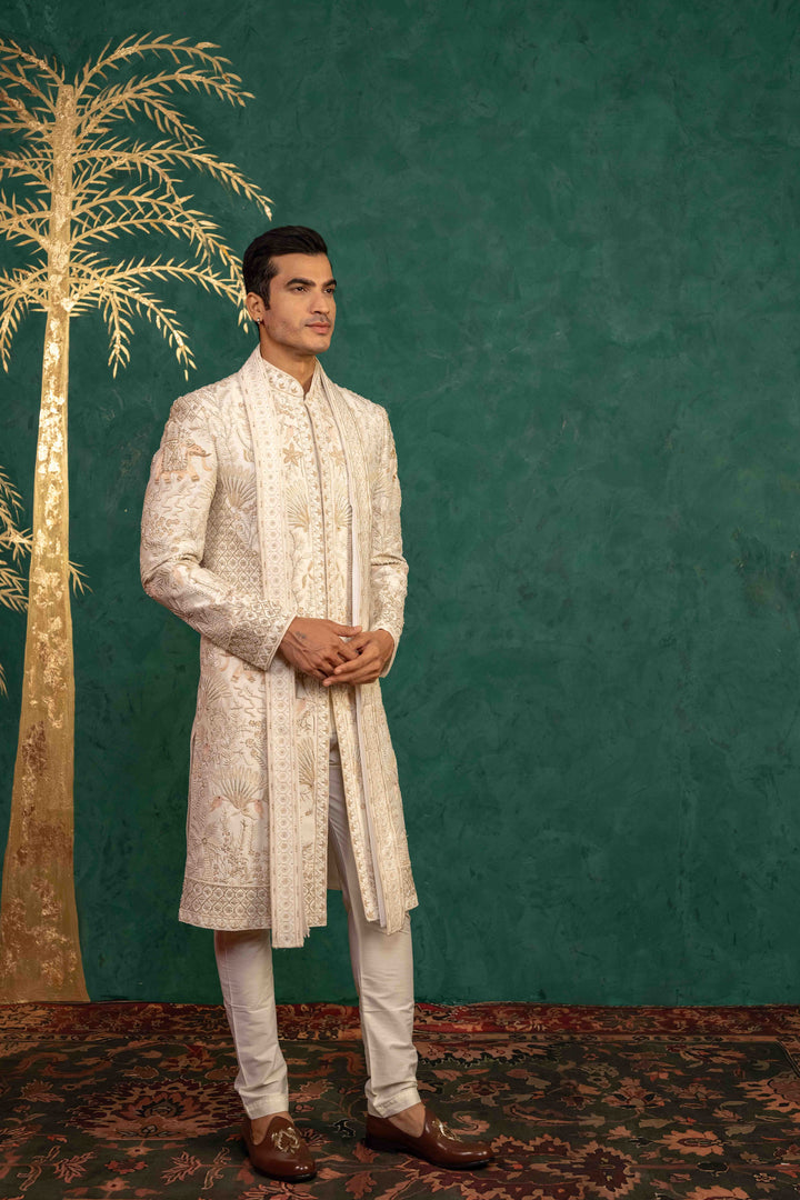 Ivory Raw Silk  Sherwani