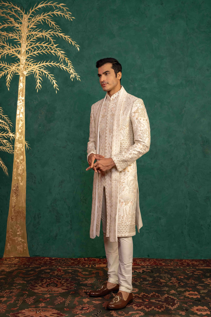 Ivory Raw Silk  Sherwani