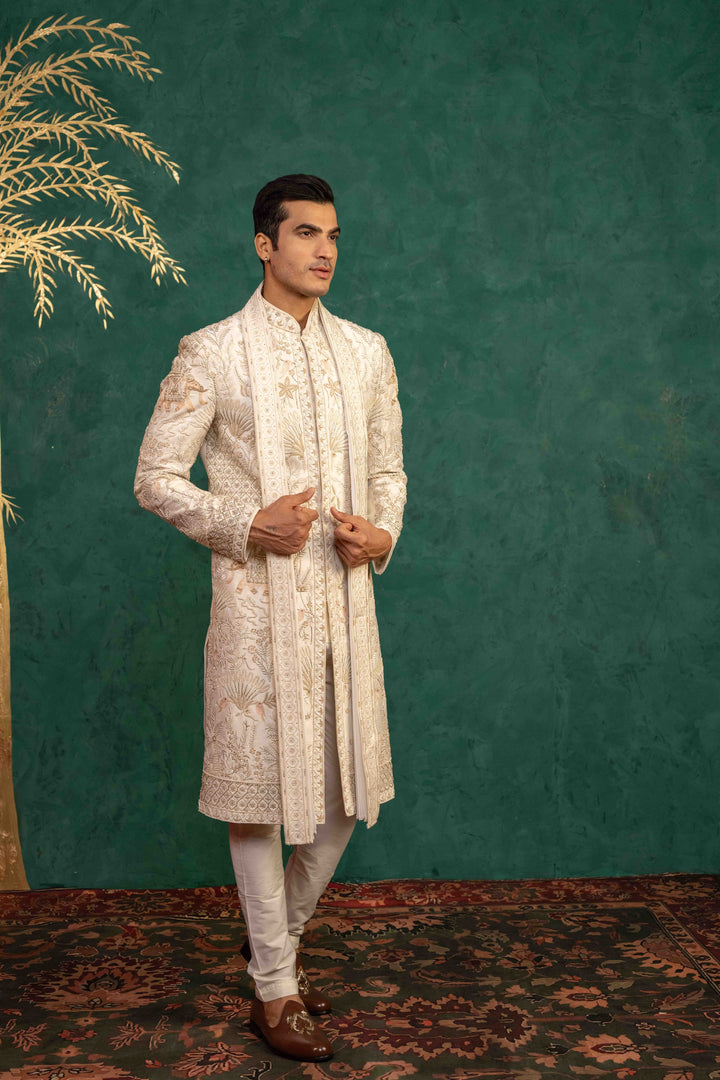 Ivory Raw Silk  Sherwani