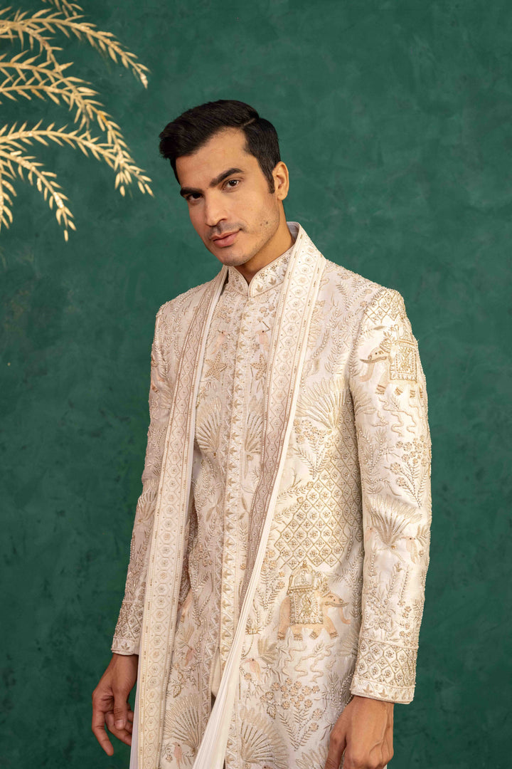 Ivory Raw Silk  Sherwani