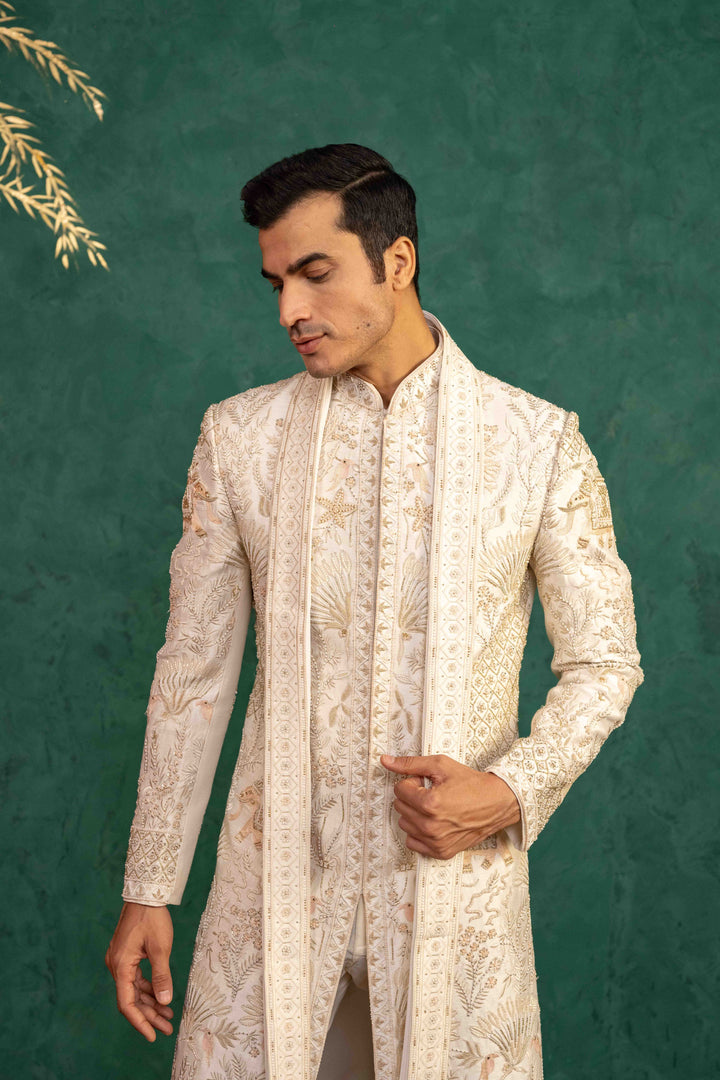 Ivory Raw Silk  Sherwani
