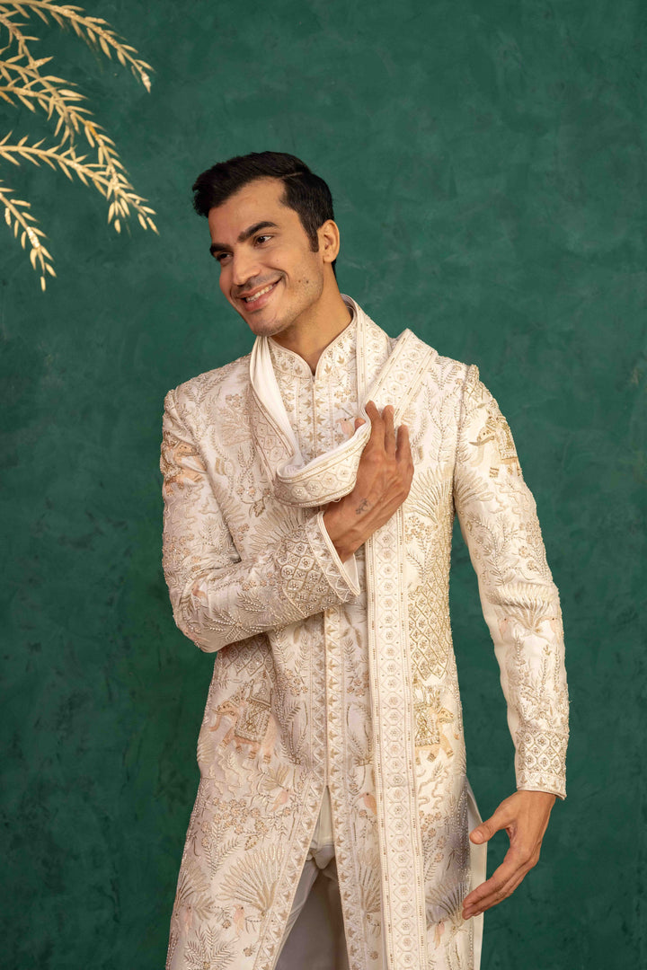 Ivory Raw Silk  Sherwani