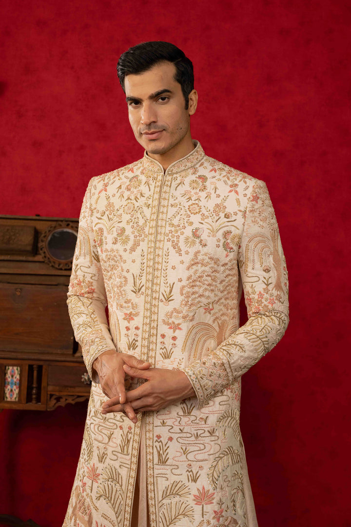 Peach Dust Sherwani with Zardosi & Moti Work