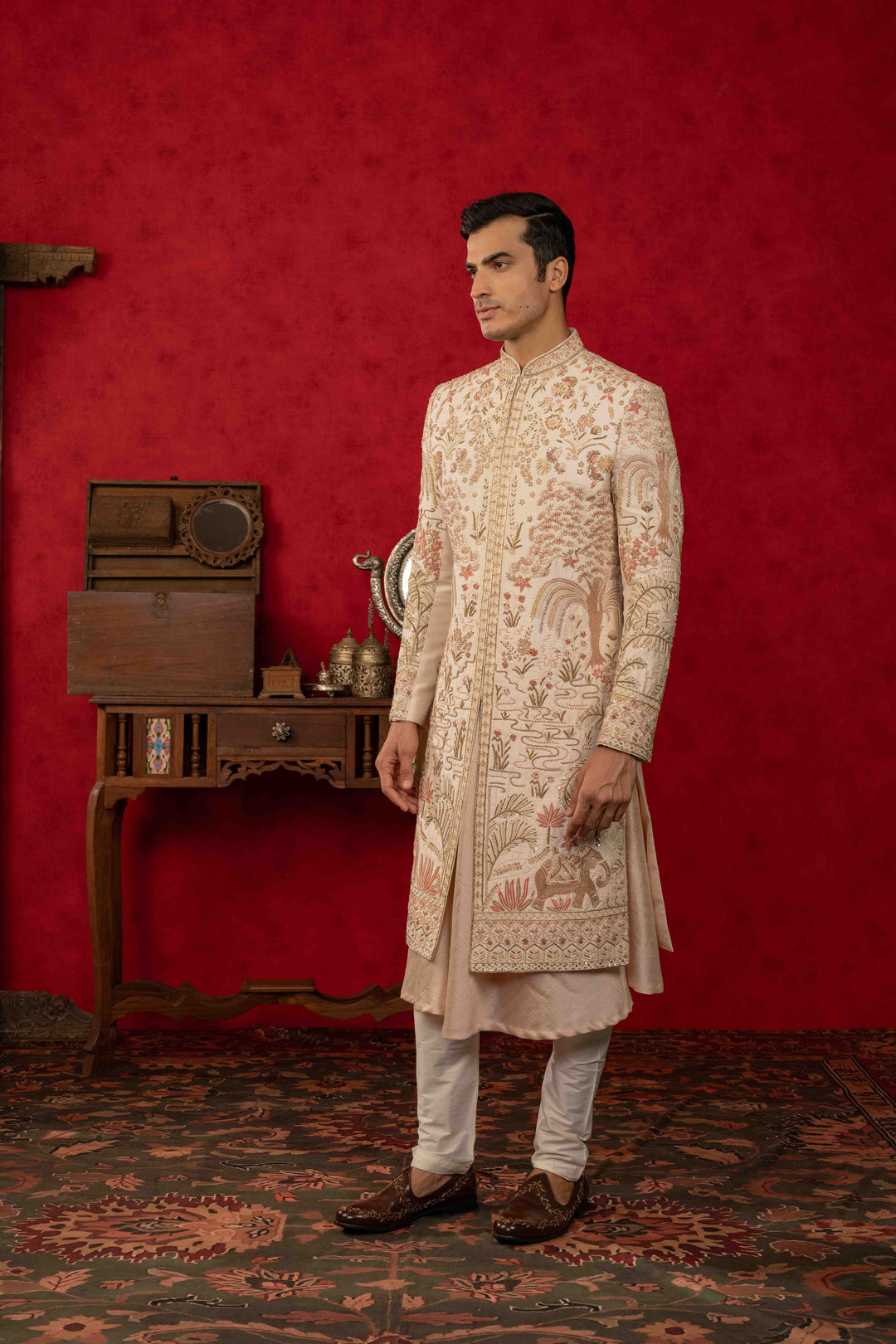 Peach Dust Sherwani with Zardosi & Moti Work – Image 3