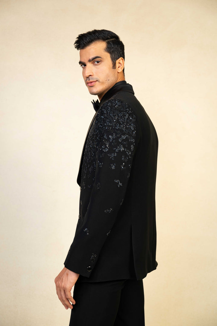 Black Tuxedo with Abstract Geometric Work