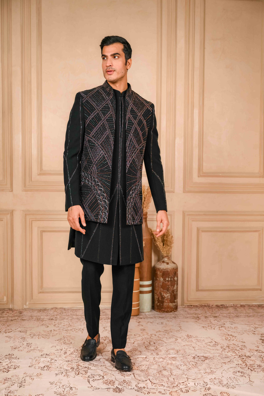 Deep Black Indo-Western Jacket Set Embroidered – Image 5