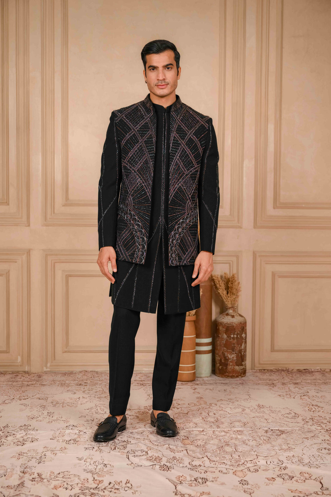 Deep Black Indo-Western Jacket Set Embroidered – Image 4