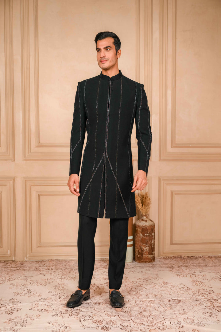 Deep Black Indo-Western Jacket Set Embroidered