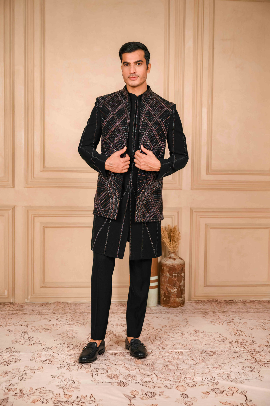 Deep Black Indo-Western Jacket Set Embroidered – Image 3