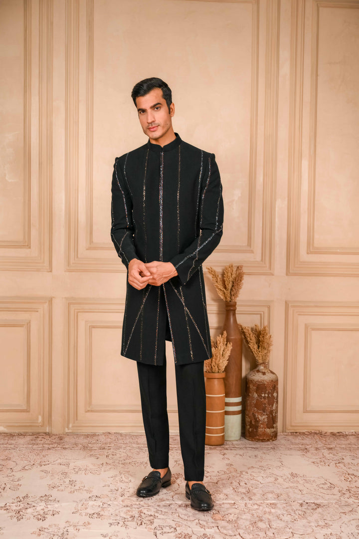 Deep Black Indo-Western Jacket Set Embroidered