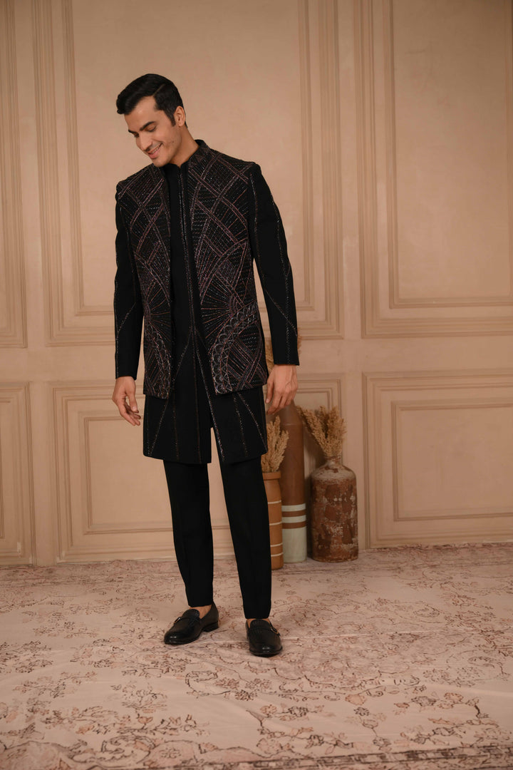 Deep Black Indo-Western Jacket Set Embroidered