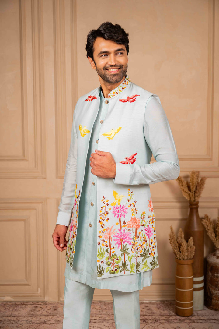 Ice Blue Long Jacket And Kurta Set