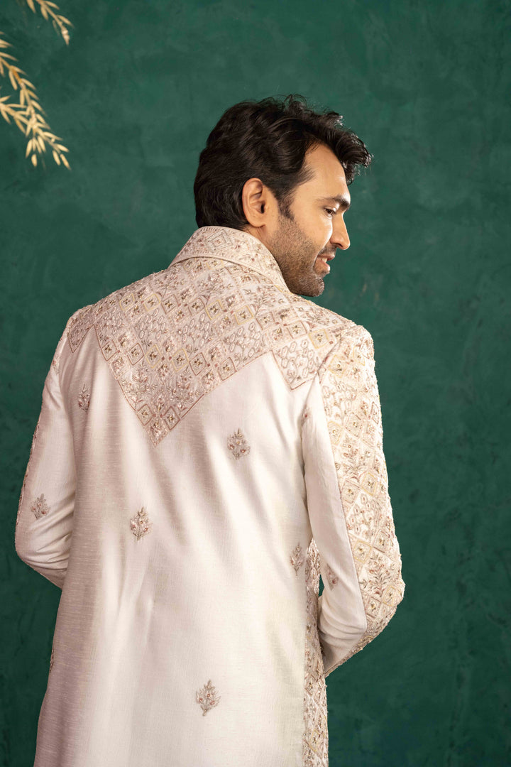 Ivory Manually Embroidered Sherwani Set