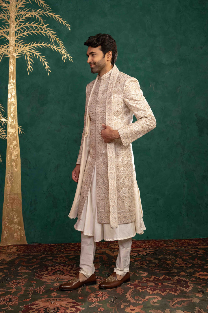 Ivory Manually Embroidered Sherwani Set